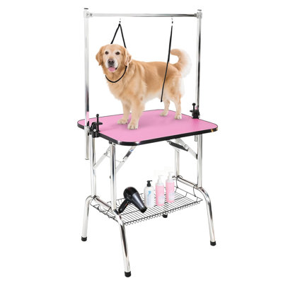 46" Dog Grooming Table with Adjustable Arm & Noose, Non-Slip Waterproof Top, Removable Mesh Storage Tray, 330 LBS Capacity, Black Legs & Pink Top