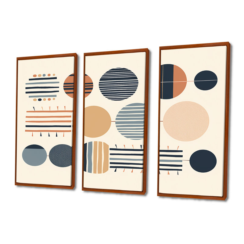 Ensemble géométrique géométrique d'équilibre géométrique orange pastel II, Cadre flottant brun, H 32 po x l 48 po x P 1 po