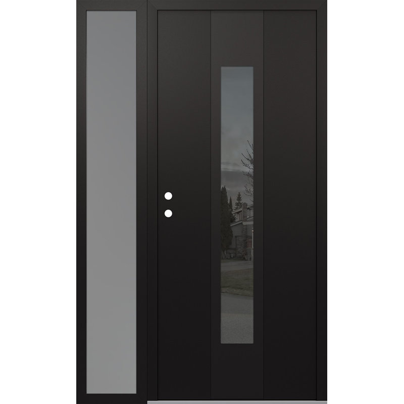 Porte d'entrée avant à panneau en acier avec panneau latéral gauche, L 51,25 po x H 81,69 po, Givré, Noir / blanc