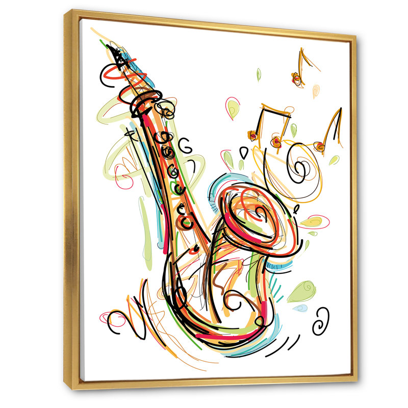 Musique, saxophone, dessin abstrait II - peinture, H 20 po x l 12 po x P 1 po, Cadre flottant doré