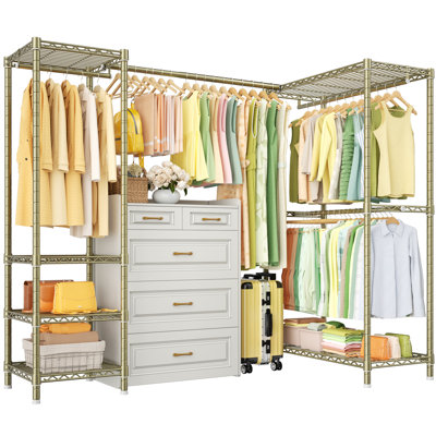 58"-82" Expandable L-Shaped Clothes Rack for Corner, Industrial Clothing Racks with 4 Hanger Rods, 6 Tiers Adjustable Metal Portable Garment Rack 58-82"W x 30"D x 72"H, Load 900LBS, Gold