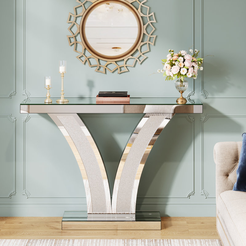 Pedestal Base Console Table with Silver Mirrored Glass Table Top