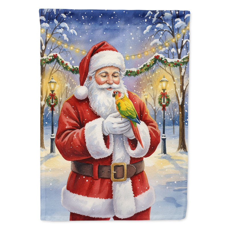 Perroquet vert Conure avec drapeau de la maison du Père Noël, Taille de la maison, Conure à joues vertes