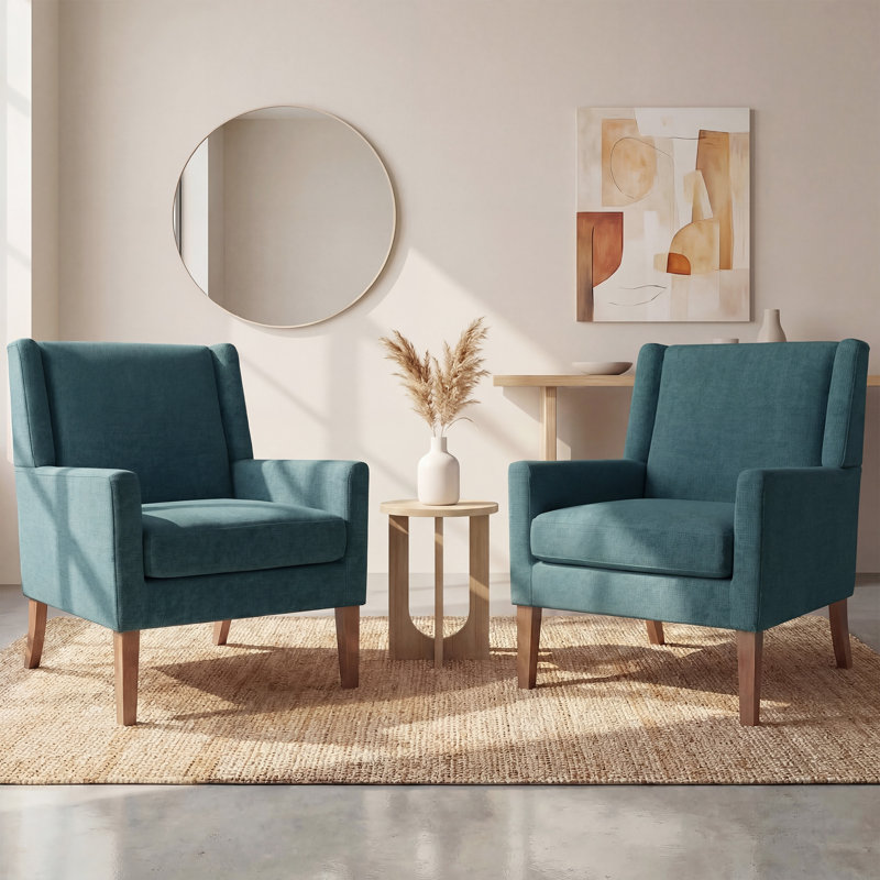 Fauteuil d'appoint rembourré en tissu avec pieds en bois massif Leston, Lin bleu sarcelle