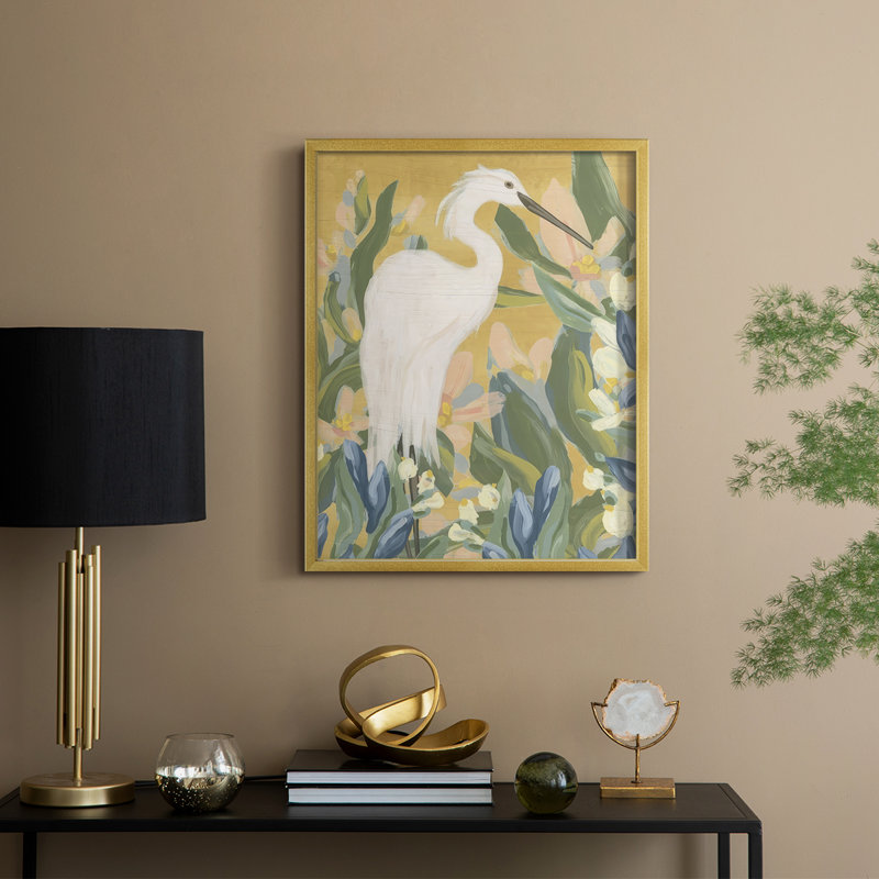 Floral Egret II, reproduction encadrée - bois massif, H 30 po x l 24 po, Doré
