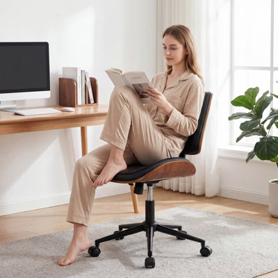 Modern Walnut Bentwood Armless Task Chair with Diamond Tufted Backrest