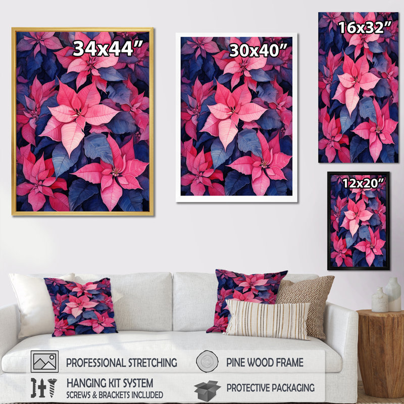 Poinsettia Passion II sur toile, Cadre flottant blanc, H 32 po x l 16 po x P 1 po
