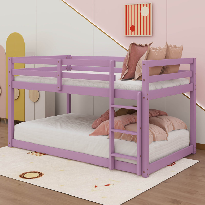 Lit superposé bas simple en bois avec échelle en bois, Rose