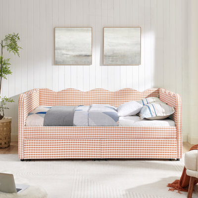 Linen Fabric Cozy Gingham Daybed with Two Storage Drawers and with USB Port and Adorable Wave Shaped