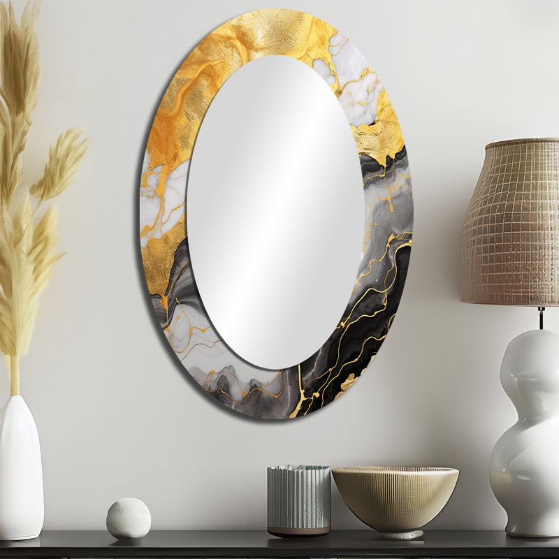 Or et gris abstrait marbre mirage II - miroir décoratif ovale abstrait sur métal, 36 po x 24 po