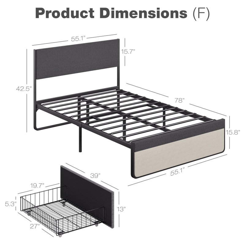 Structure de lit avec 2 tiroirs de rangement et tête de lit tapissier, Double