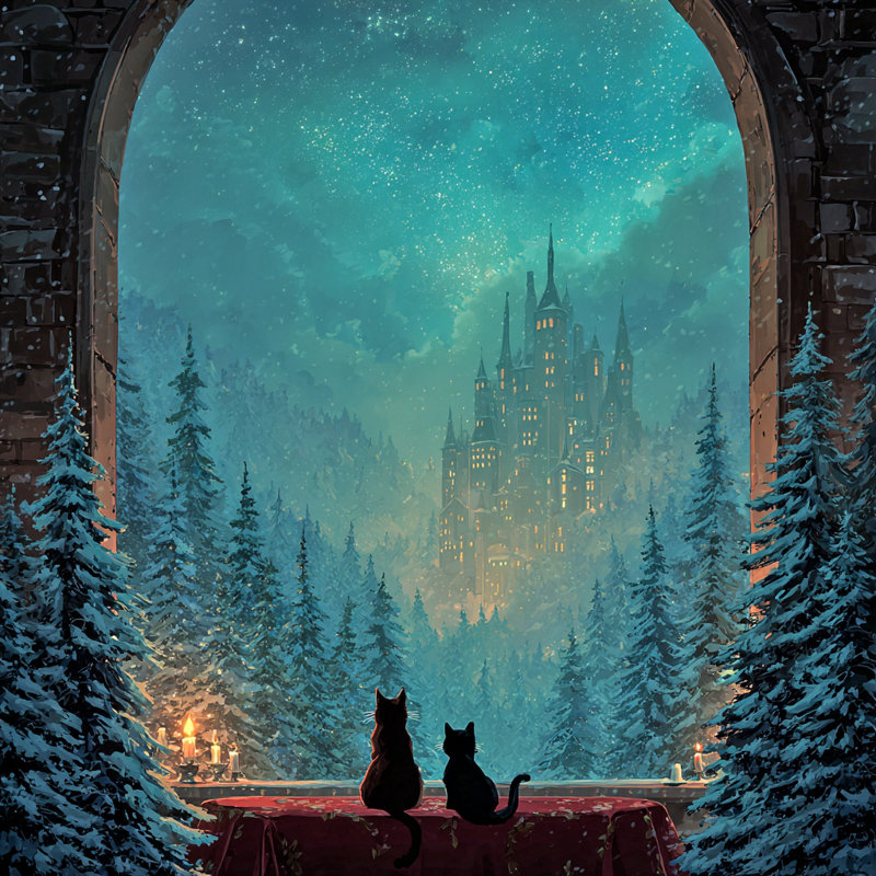 Chats surplombant le château d'hiver IV, art mural sur toile, H 20 po x l 20 po