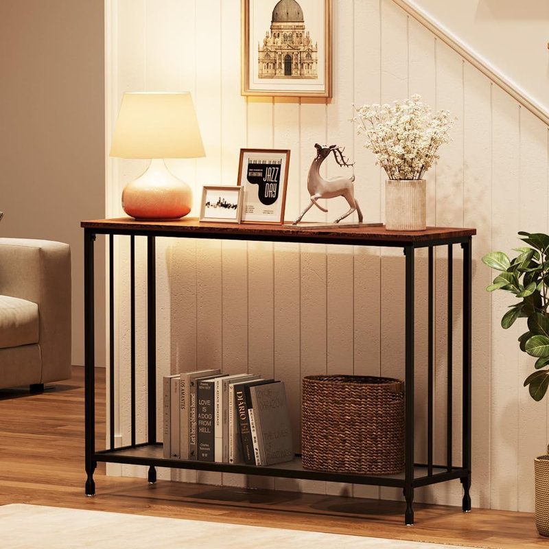 Console, table de canapé derrière, table de couloir industrielle avec tablette en verre et structure en métal
