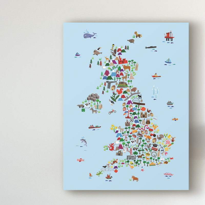 «Animal Map of Great Britain & NI for Children and Kids Blue», art sur toile, H 19 po x l 14 po x P 2 po