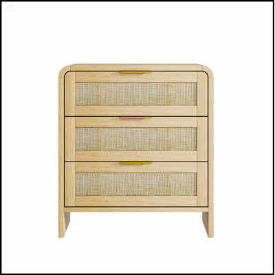 Ensemble de table de chevet 3 tiroirs en rotin avec 2 tables de chevet courbées en bois avec rangement moderne pour la chambre à coucher