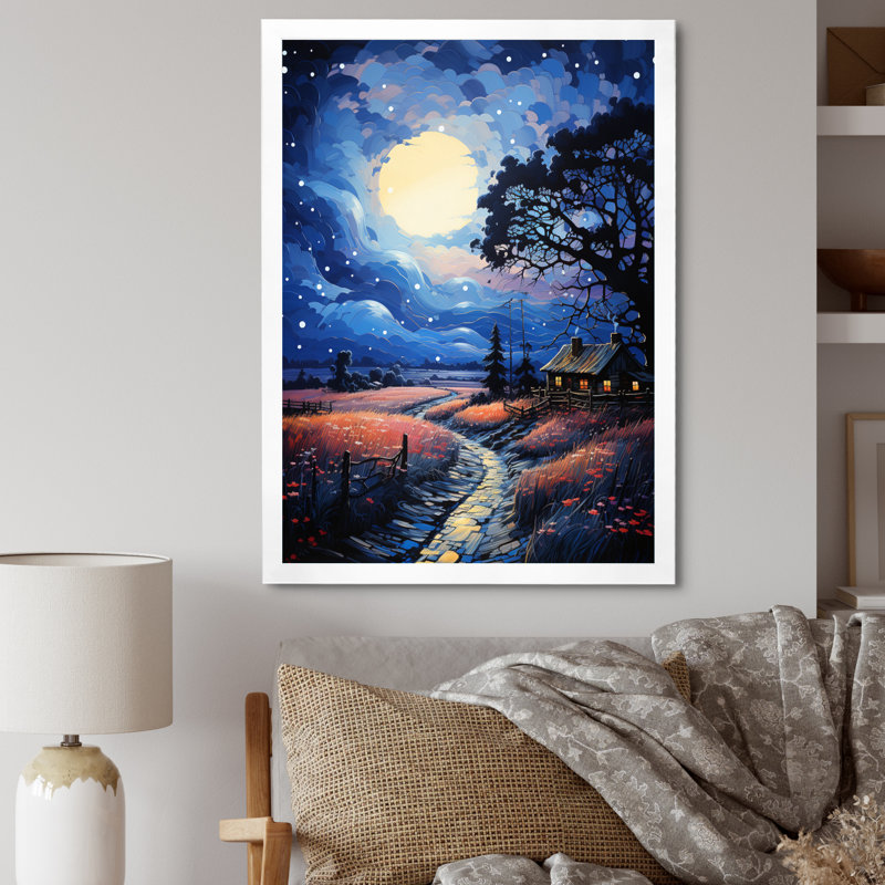 Paysage, grange au clair de lune I - art mural de salon urbain, H 20 po x l 12 po x P 1 po