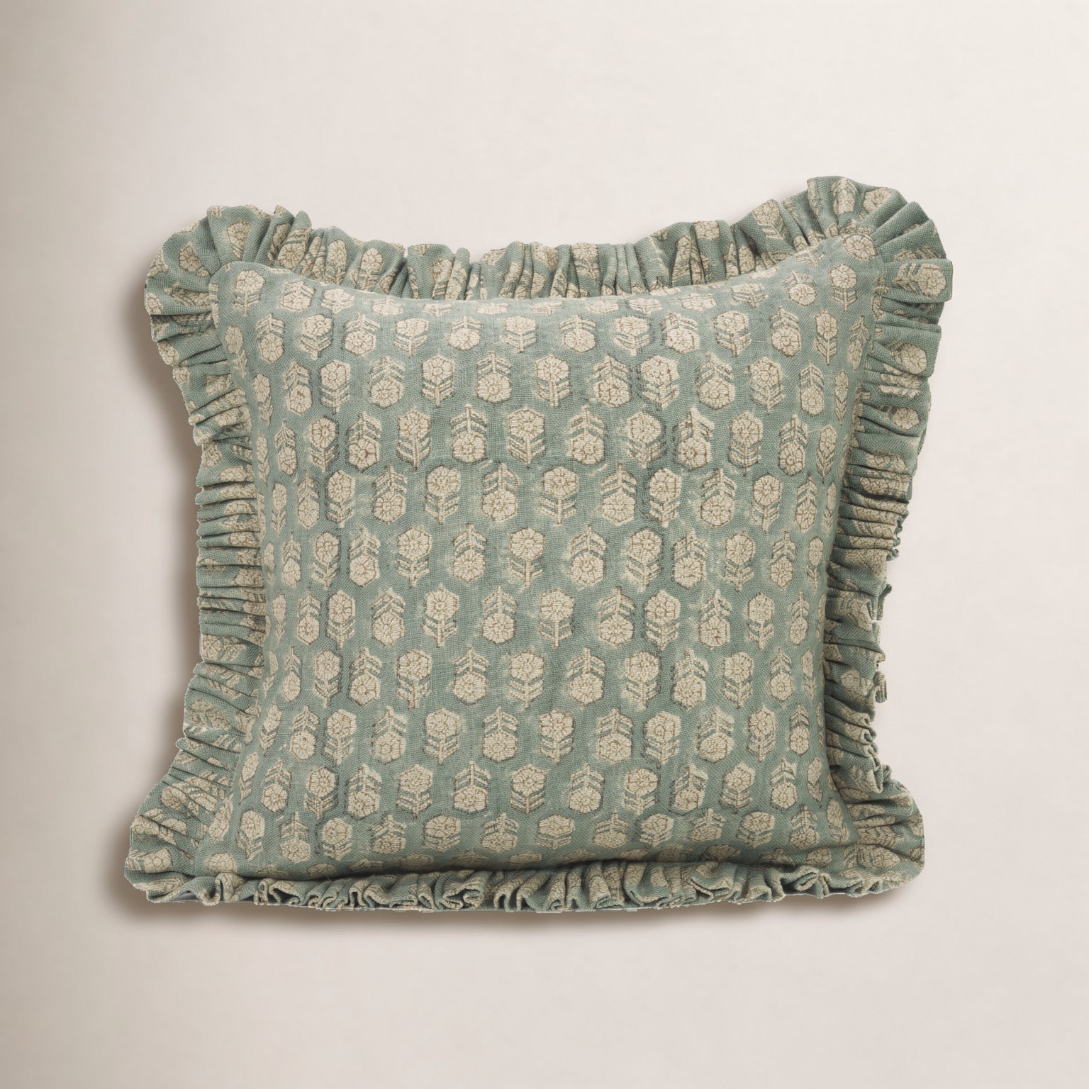 Handmade Linen Pillow Cover, 16"H x 16"W, Green Floral/Block Print