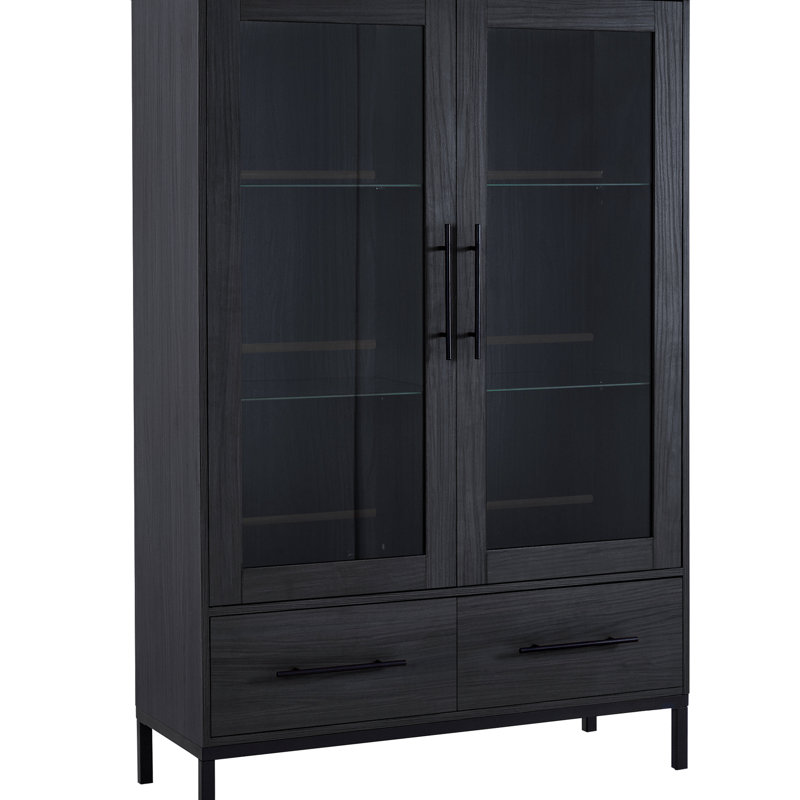 Armoire à DEL avec deux tiroirs, porte en verre trempé de 60 po de hauteur, vitrine moderne noire pour salon, haute
