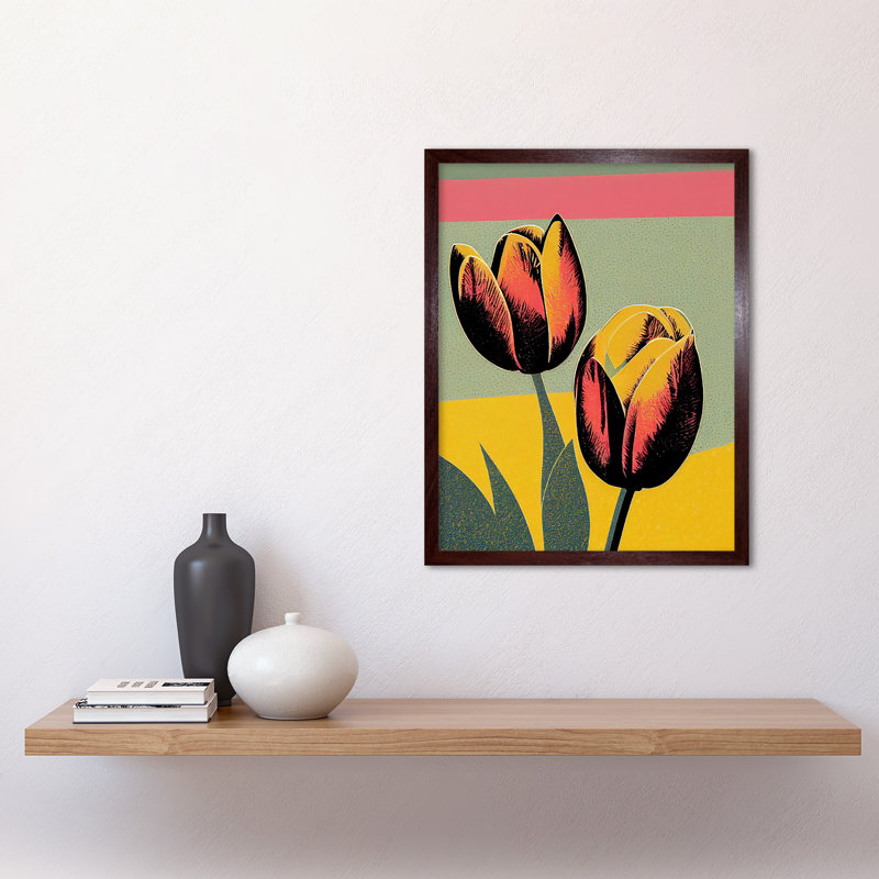 Bright Modern Silkscreen Tulip Blooms Stencil - Print, 43cm H x 33cm W, Brown Framed Paper