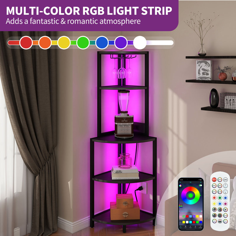 Brodric Modern Open Display Corner Bar with Colorful LED Light & Music Control, Black