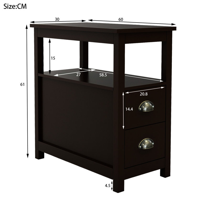 Table de chevet étroite brune avec deux tiroirs et une tablette. Rangement supplémentaire, E1 et pin massif, plateau de table de finition, tablettes ouvertes à installation rapide. Vaste espace de rangement, construction en pin E1, table enduite, simple