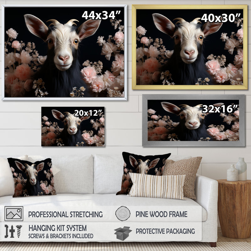 Portrait de chèvre blanc et rose - art mural animal de chèvre, Toile tendue, H 12 po x l 20 po x P 1 po