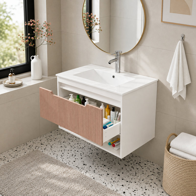 Meuble sous-vasque suspendu de 76 cm (30 po) seulement, meuble-lavabo mural moderne en MDF avec tiroir cannelé et étagère ouverte, blanc/chêne