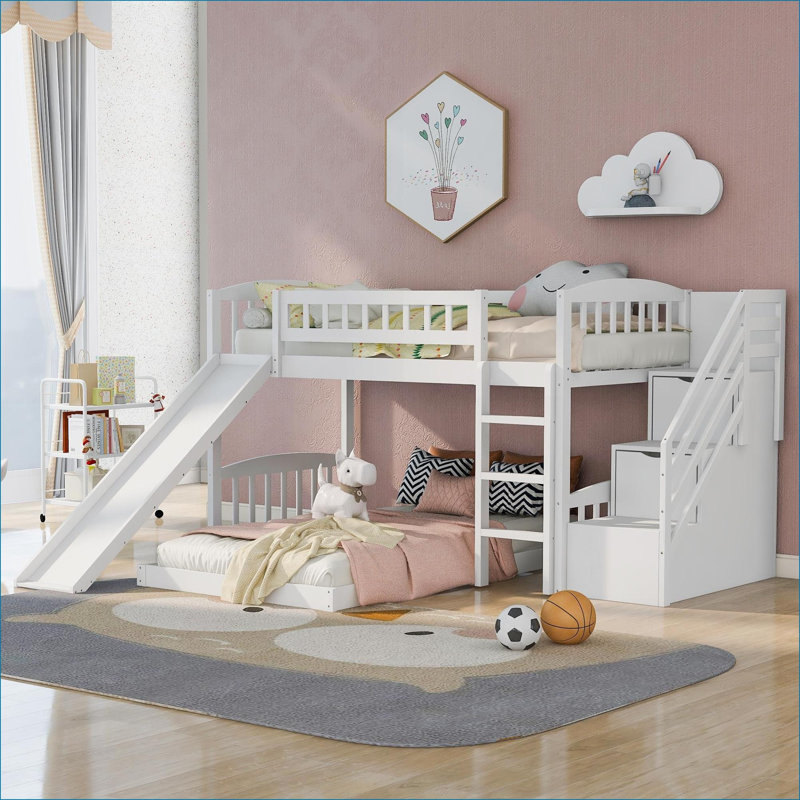 Lit superposé simple en pin massif avec tiroirs et tiroirs, aucun sommier requis, blanc pour la chambre à coucher