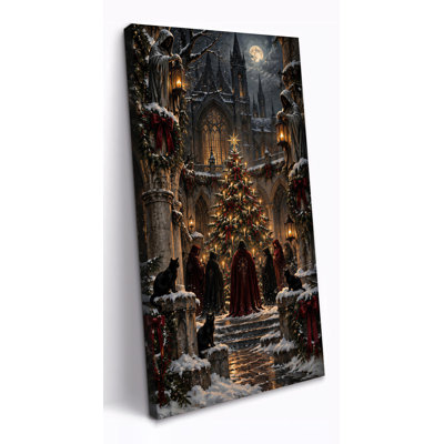Très grand art mural de Noël gothique sur toile, cathédrale, arbre et chats noirs, décor de vacances fantaisie sombre pour chambre à coucher et bibliothèque, galerie tendue, prête à être suspendue, 28 po x 58 po
