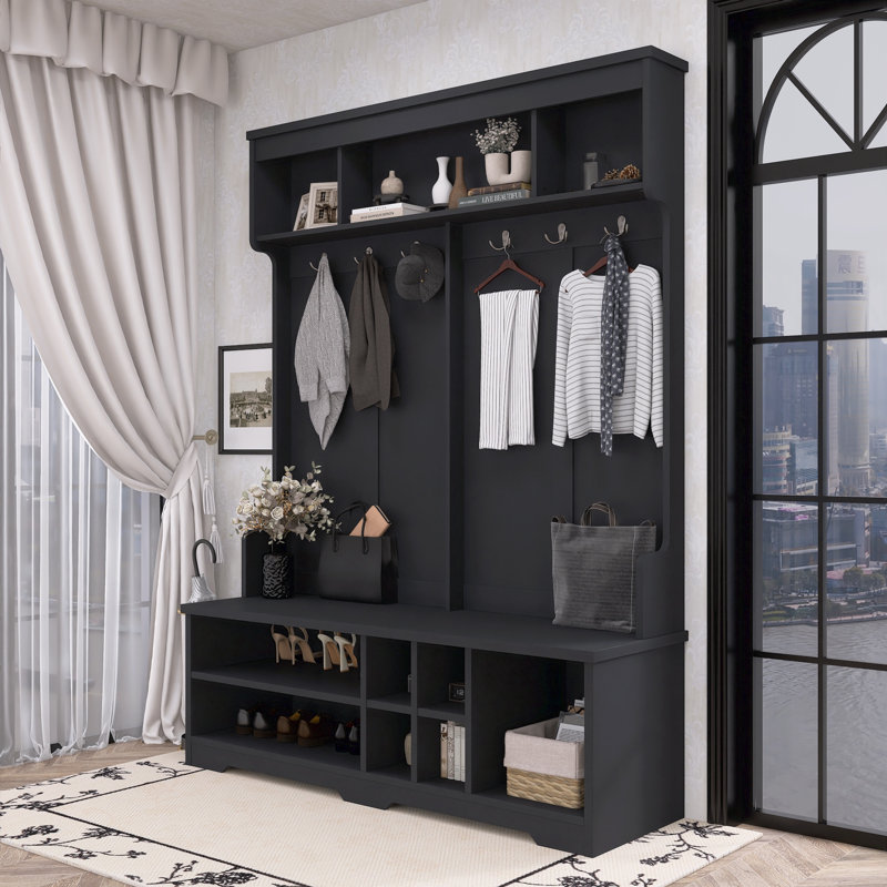 Organisateur de vestibule moderne avec crochets en métal et rangement pour chaussures, Noir