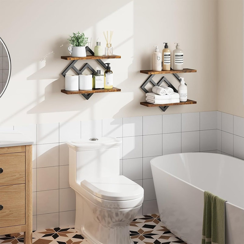 Ensemble de 2 tablettes suspendues flottantes, 2 tablettes de rangement murales à 2 niveaux pour livres et décor, parfaites pour le salon, la chambre à coucher, la cuisine, le bureau personnel, le bureau, brun rustique