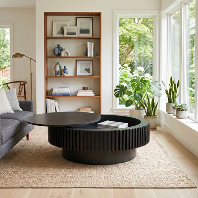 Table basse 39,37 "ronde noire avec rangement, table d'appoint moderne en placage de bois massif pour salon, chambre, bureau