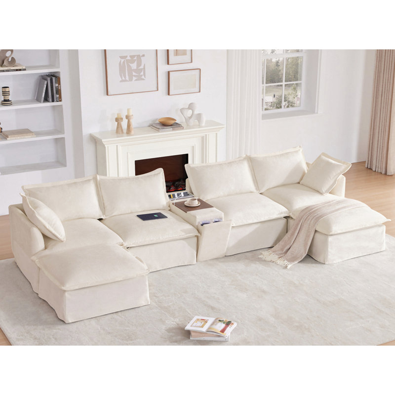 Canapé modulaire de 131 po avec repose-pieds mobile et console, porte-gobelet, siège large, canapé en U de 6 places, canapé en chenille surdimensionné avec chargeur USB pour le salon, un appartement