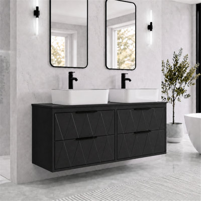 48" Wall Mounted Floating Double Bathroom Vanity with Artistic Vessel Sinks, Hand-Painted, 4 Soft-Close Drawers