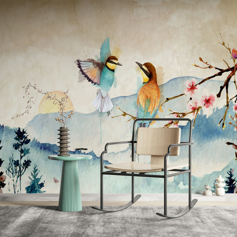 Papier peint fantaisie aviaire sérénité, L 108 po x L 72 po