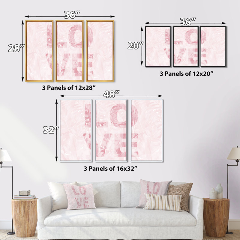 «Pink Pastel Love», 3 pièces, cadre flottant, impression sur toile, H 28 po x l 36 po, Noir