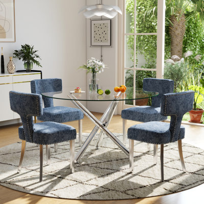 Modern Round Tempered Glass Pedestal Dining Set with Chenille Dininig Chair