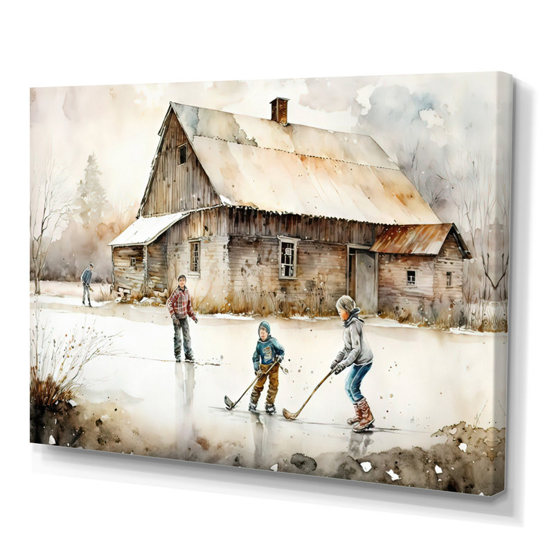Garçons jouant au hockey à la cabane IV - Impression sur toile, H 30 po x l 40 po x P 1,5 po, Toile tendue