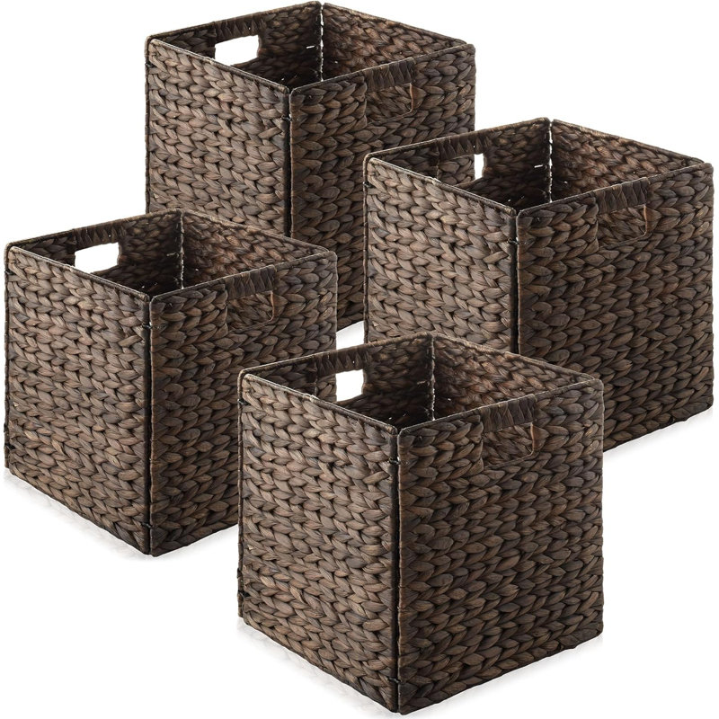 Water Hyacinth Storage Baskets, Set Of 4 Woven Cube Organizer Bins For Home Organization In Living Room, Bathroom, Bedroom, And Laundry