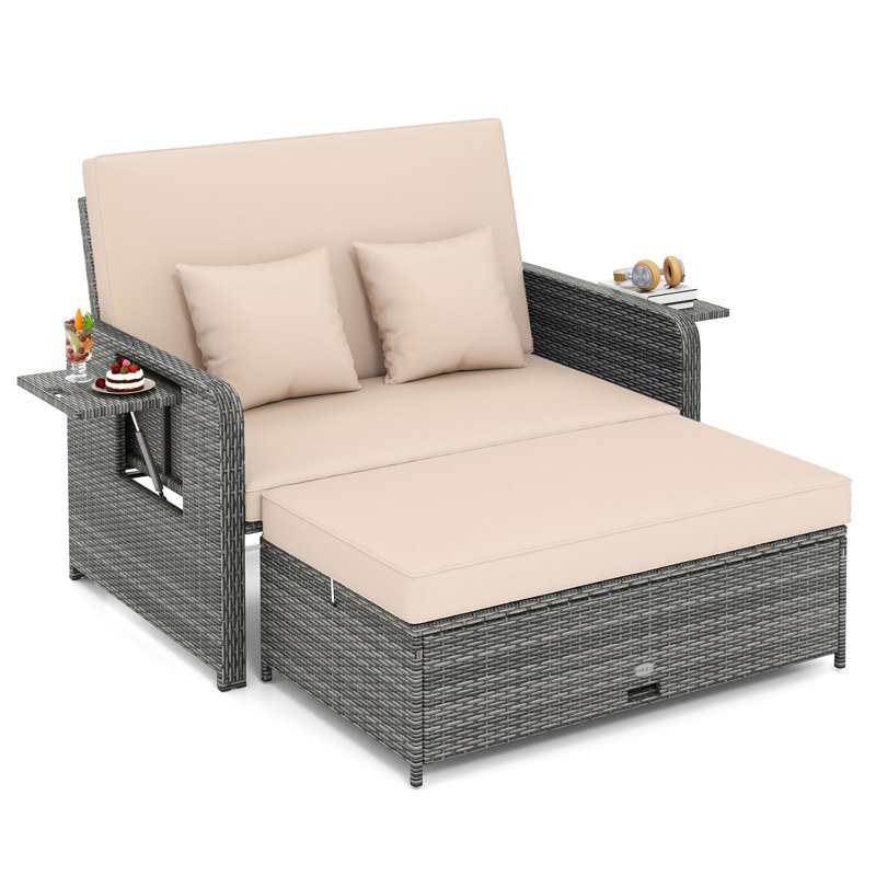 Wicker Outdoor Loveseat Sofa With Ottoman & Retractable Side Tray, Beige, Beige