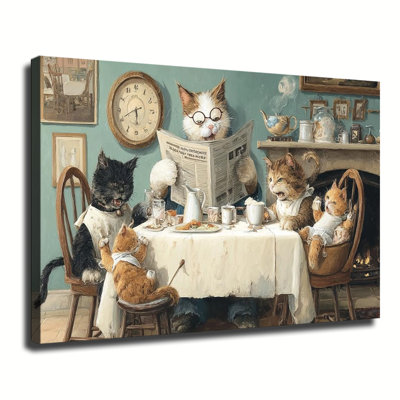Famille de chats fantaisistes vintage ayant le dîner à la table de salle à manger, peinture à l'huile sur toile tendue pour grand salon, chambre à coucher