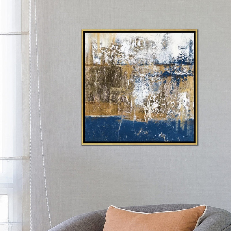 Reproduction d’art, "Blue contemporaneo" par Patricia Pinto, Pas de tapis, Toile encadrée d'or, H 12 po x l 12 po x P 1,5 po