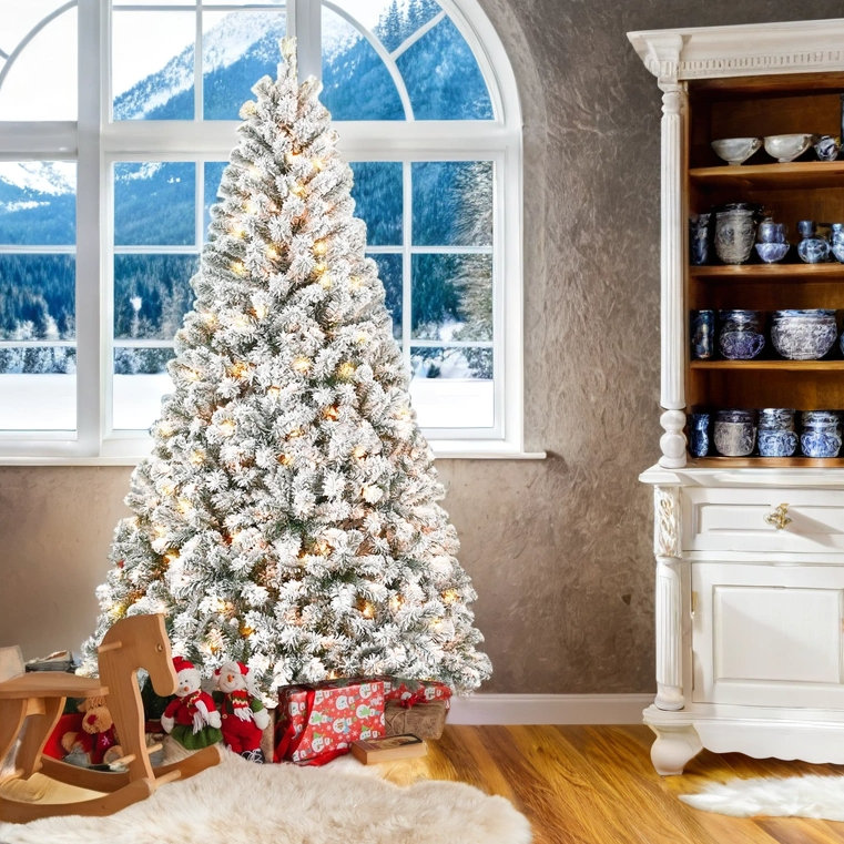 Arbre de Noël artificiel enneigé 7 pi 1022 pointes Support en métal robuste, 7', Non pré-éclairé