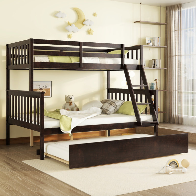 Twin Over Full Rubber Wood Bunk Bed with Twin Trundle, Detachable Convertible Ladder & Safety Guardrails, Espresso