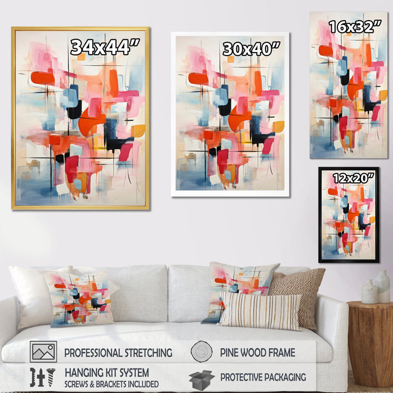 Reproduction sur toile rose beige Mid Century Atomic Abstraction III, Cadre flottant noir, H 32 po x l 24 po x P 1 po