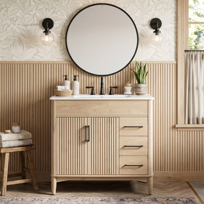 30" Modern Freestanding Bathroom Vanity with Ceramic Sink, Solid Rubber Wood Cabinet & 3 Soft-Close Drawers & Adjustable U-Shaped Shelf(Natural Wood)