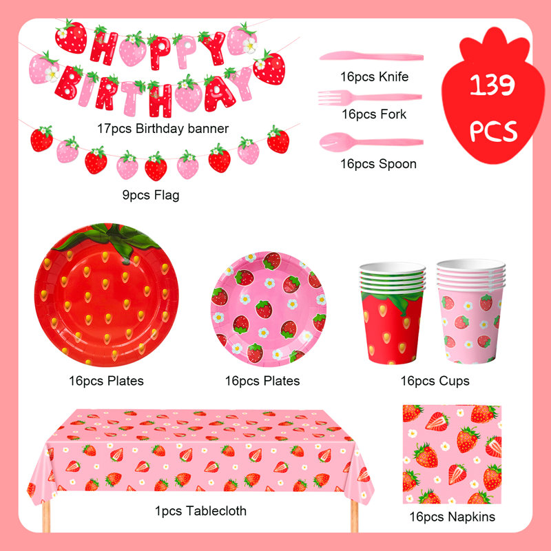 Strawberry Birthday Tableware, 139pcs Strawberry Party Tableware Set