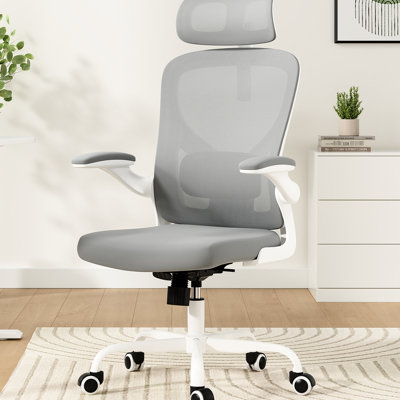 Fauteuil de bureau ergonomique avec, réglable lombaire, berçant 90 - 120, filet respirant, et coussin éponge élastique, pour différents espaces Chaise blanche et grise, pivotant verticalement, peu encombrant, confortable
