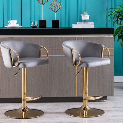 De 2 chaises de bar, repose-pieds et base, conception pivotante à hauteur réglable, levage mécanique, velours gris + pieds dorés, rembourrage en mousse, tabourets de siège recouverts de tissu, mécanisme, tabouret de levage, rembourrage,