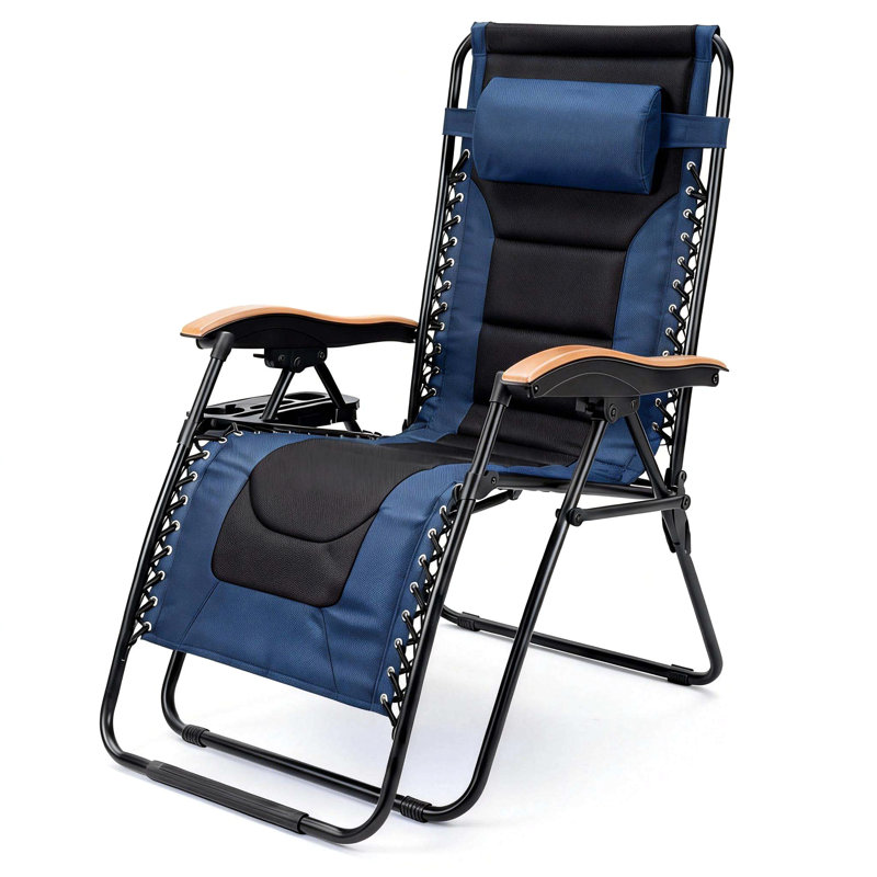 Oversized Padded Zero Gravity Chair, Foldable Patio Recliner, 30" Wide Seat Anti Gravity Lounger With Cup Holder, Blue